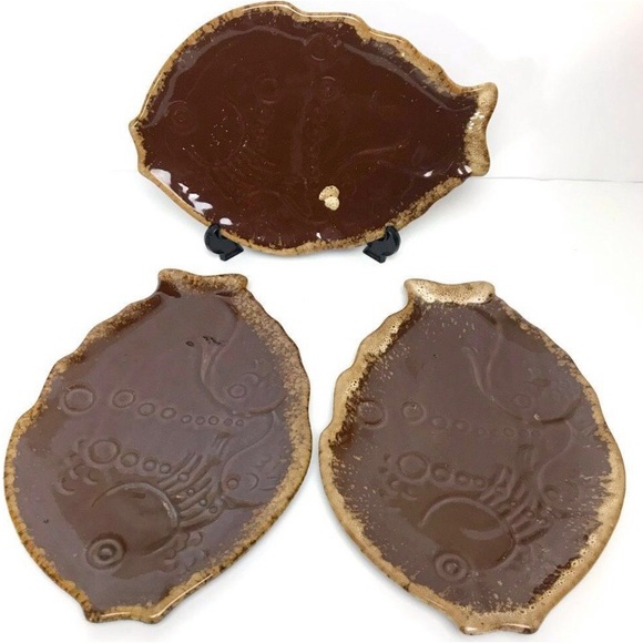 Vintage Ceramic Brown Drip Fish Plates Set of 3 Boho Eclectic - Picture 2 of 6